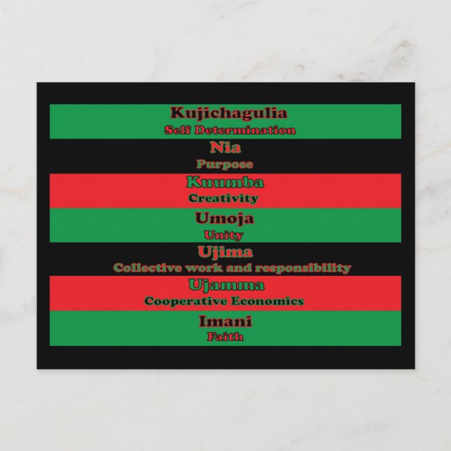 Postal Siete principios de Kwanzaa Verde Rojo negro (Anverso)