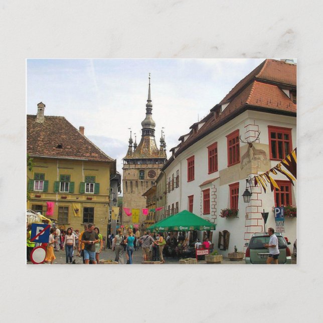 Postal Sighisoara, CLocktower y turistas (Anverso)