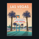 Postal Signo de bienvenida de Las Vegas en Sunset Vintage<br><div class="desc">Ilustracion retro de poster de viajes vintage Las Vegas Nevada que ofrece una vista al atardecer del icónico Welcome to Fabulous Las Vegas Nevada, rodeado de dos palmeras exuberantes. En el fondo también se puede ver una visión de la conocida franja de Las Vegas. Este diseño vintage traerá recuerdos de...</div>