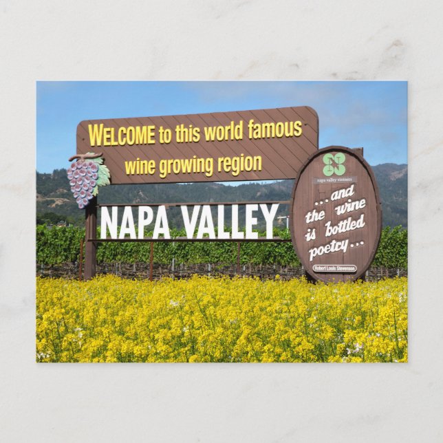 Postal Signo de bienvenida de Napa Valley con campo de mo (Anverso)