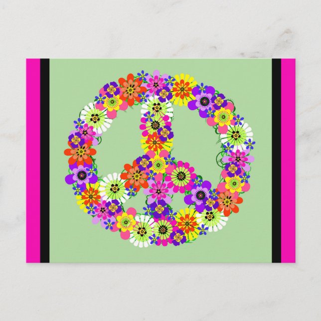 Postal Signo de paz floral con fucsia y frontera negra (Anverso)