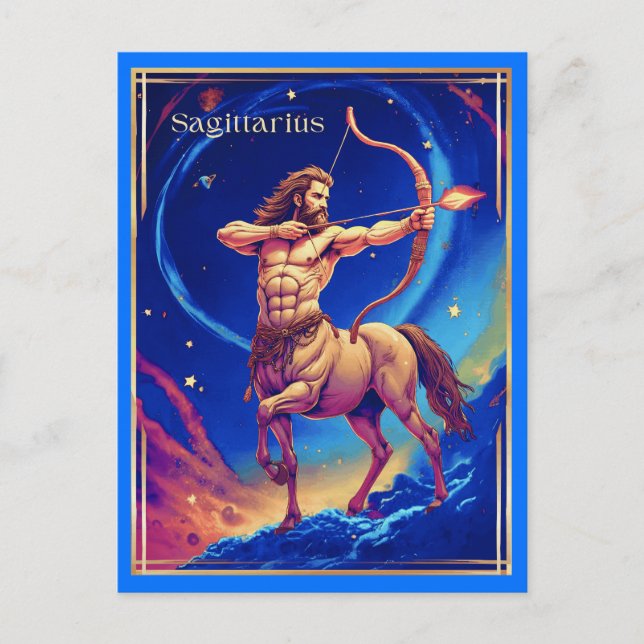 Postal Signo zodiacal Sagitario como el Arquero Celeste (Anverso)