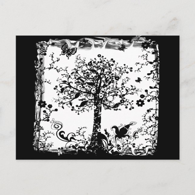 Postal Silhouette de mariposa de árbol blanco y negro (Anverso)