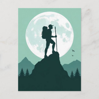 Postal Silhouette Hiker on Peak with Moon and Mountains