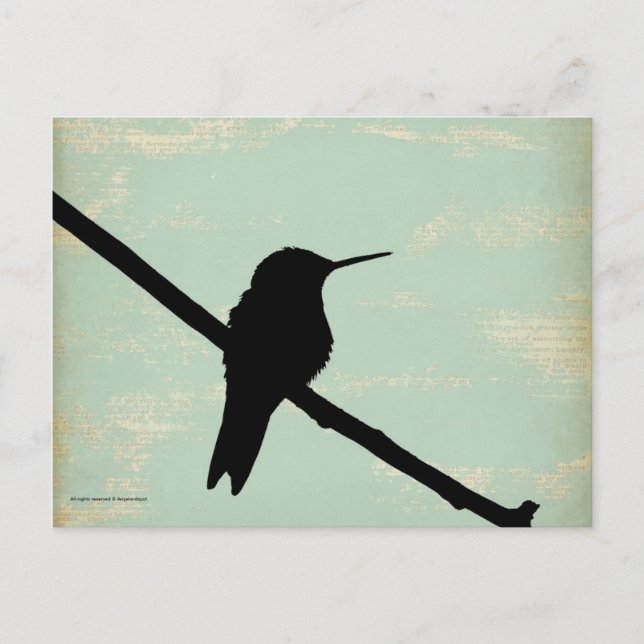 Postal Silhouette Hummingbird con fondo azul grunge (Anverso)