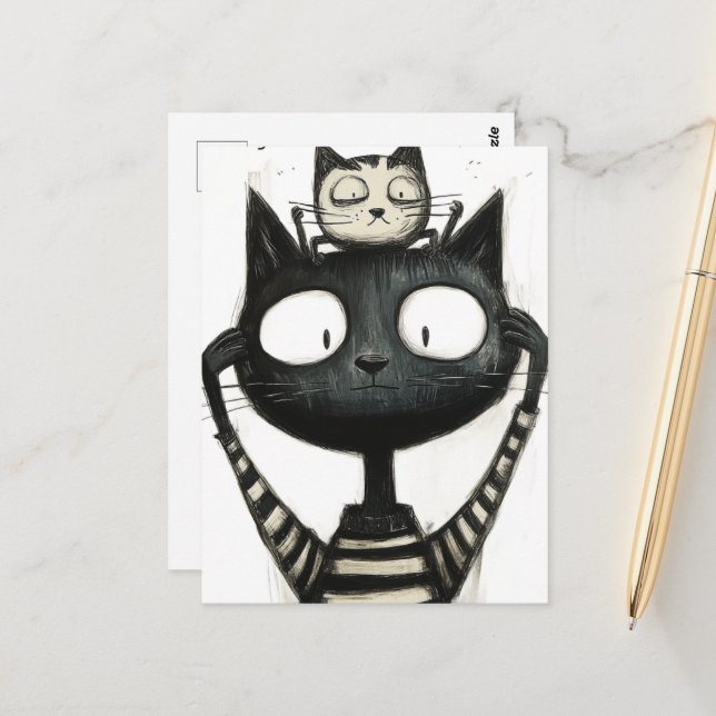 Postal Silly Adorable Cats Black and White Drawing (Anverso/Reverso In Situ)