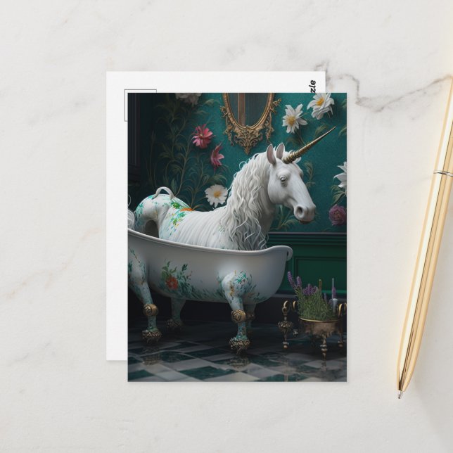Postal Silly AI generó Unicorn en una bañera (Anverso/Reverso In Situ)