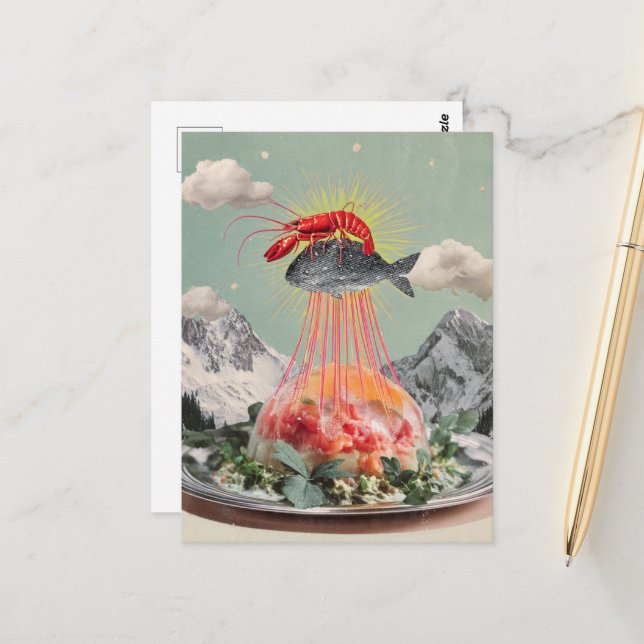 Postal Silly Lobster Fish Surreal Jellyfish Collage (Anverso/Reverso In Situ)
