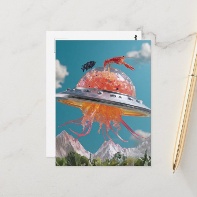 Postal Silly Lobster Fish Surreal Jellyfish UFO Collage (Anverso/Reverso In Situ)