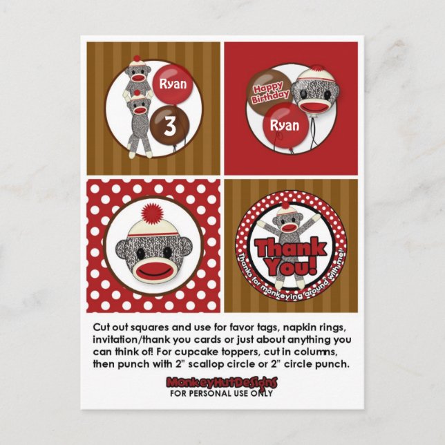 Postal Silly SOCK MONKEY Cumpleaños Cupcake Topper SMR. (Anverso)