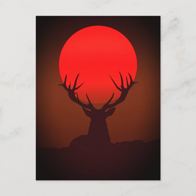 Postal Silueta de ciervo con puesta de sol roja ardiente (Anverso)