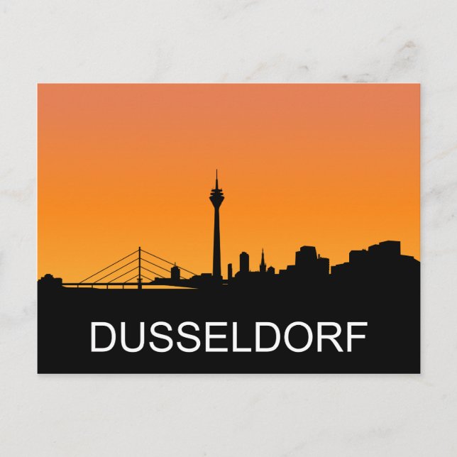 Postal Silueta de Dusseldorf, ilustracion de puesta de so (Anverso)