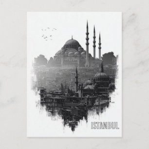 Postal Silueta de la ciudad de Estambul en blanco y negro