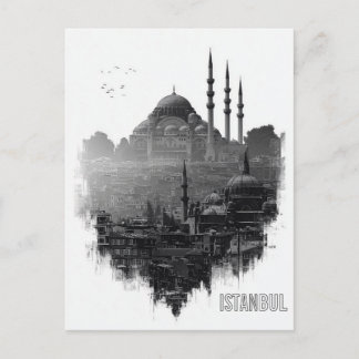 Postal Silueta de la ciudad de Estambul en blanco y negro