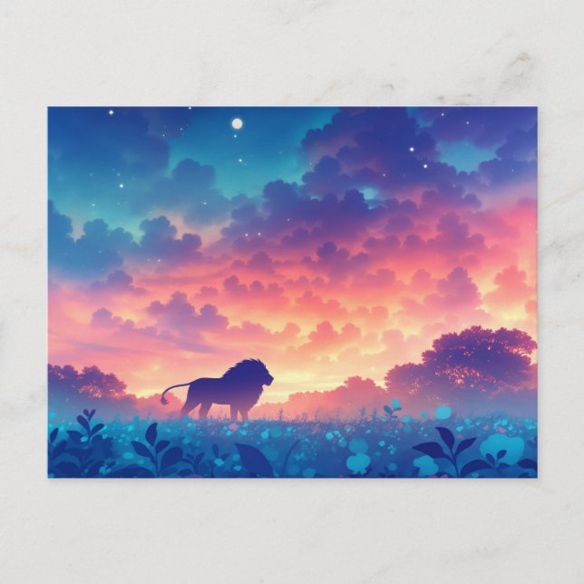 Postal Silueta de León al Atardecer Bosque Índigo (Anverso)