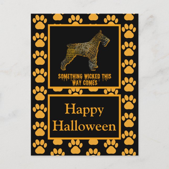 Postal Silueta de perro Schnauzer Feliz Halloween (Anverso)