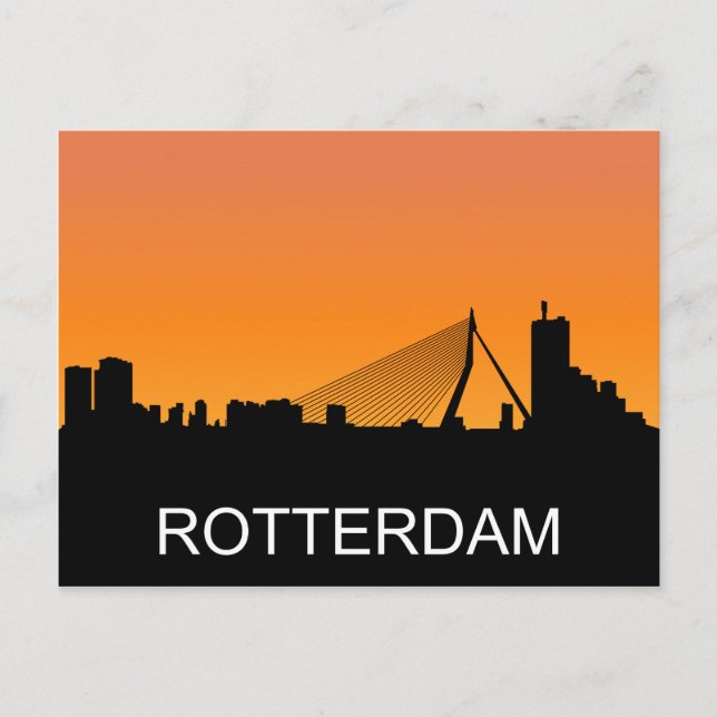 Postal Silueta de Rotterdam, ilustracion de puesta de sol (Anverso)