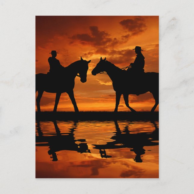 Postal Silueta de vaquero de Western Sunset Horseback (Anverso)
