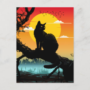 Postal Silueta del atardecer gato y árbol