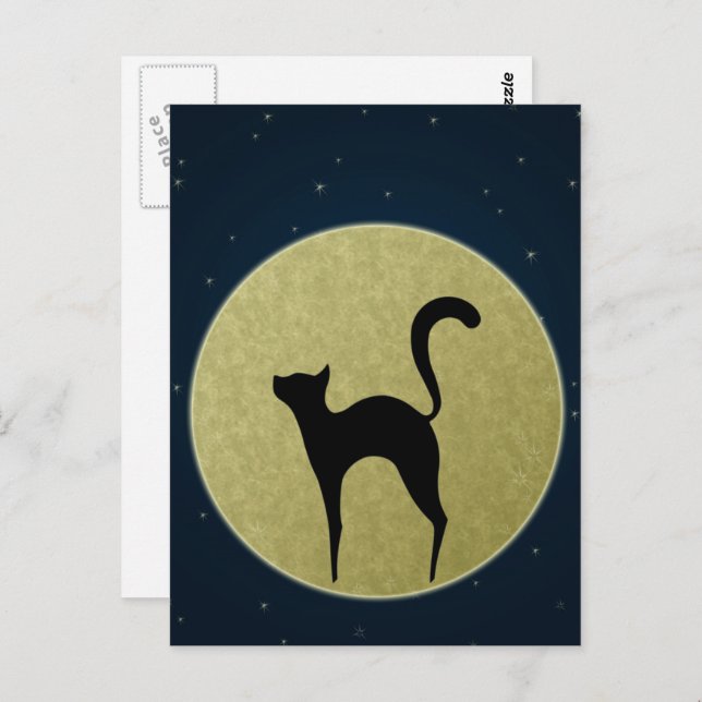 Postal Silueta elegante de gato negro y luna (Anverso / Reverso)