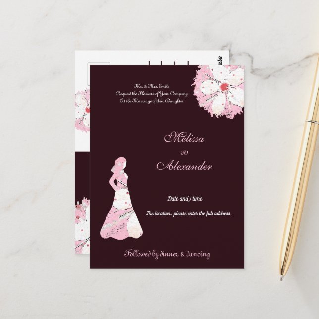 Postal Silueta elegante de moda floral rosa negro sakura (Anverso/Reverso In Situ)