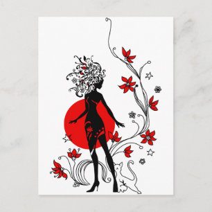 Postal Silueta elegante de una mujer elegante con gato du