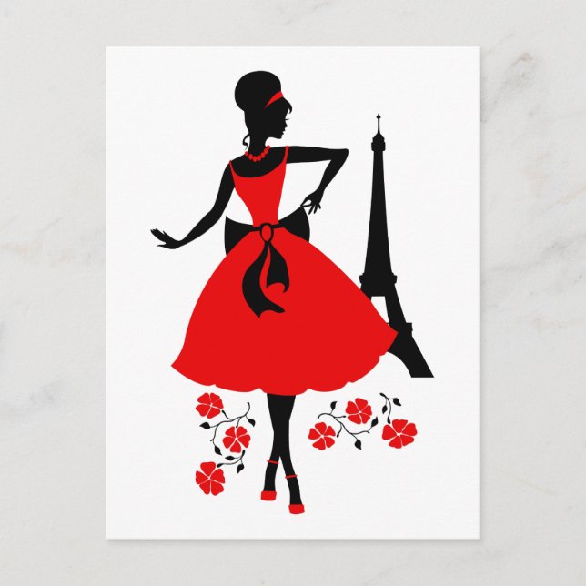 Postal Silueta roja negra retro con Torre Eiffel (Anverso)