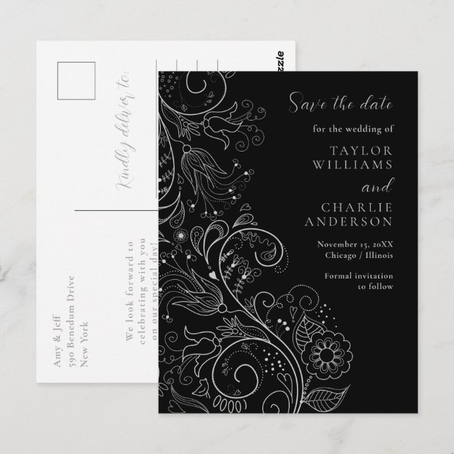 Postal Silver Black Elegant Floral Wedding Save The Date (Anverso / Reverso)