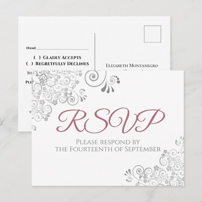 Postal Silver Frills Simple Moda Dusty Rosa Wedding RSVP (Anverso / Reverso)