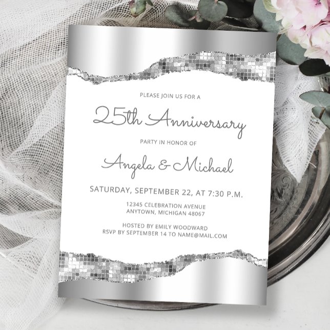 Postal Silver Mirror Foil 25th Anniversary Invitation (Subido por el creador)