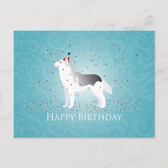 Postal Silver Siberian Husky Dog Happy Birday Design (Anverso)