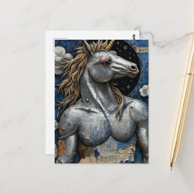 Postal Silver Unicorn With Muscles Collage (Anverso/Reverso In Situ)