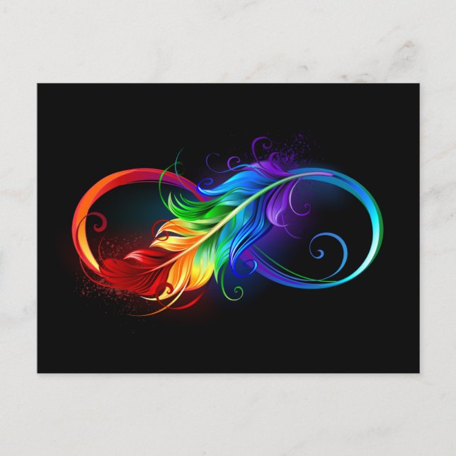 Postal Símbolo de infinito con pluma de arcoíris (Anverso)