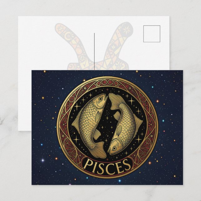 Postal Símbolo del zodiaco Piscis Peces (Anverso / Reverso)