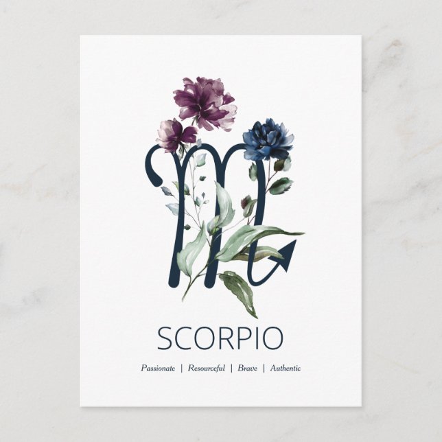 Postal Símbolo floral moderno de escorpio zodiaco (Anverso)