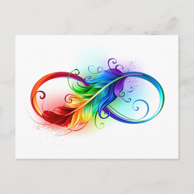 Postal Símbolo infinito con plumas arcoiris (Anverso)