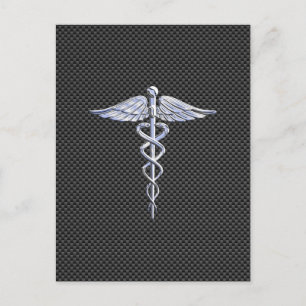 Postal Símbolo Médico Caduceo Cromo Fibra de Carbono Negr