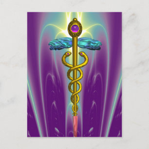 POSTAL SÍMBOLO MÉDICO CADUCEO DE ORO PURPLE ONDAS FRACTAL