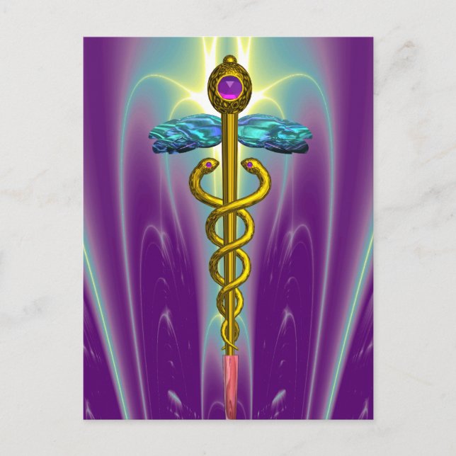 POSTAL SÍMBOLO MÉDICO CADUCEO DE ORO PURPLE ONDAS FRACTAL (Anverso)