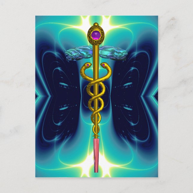 POSTAL SÍMBOLO MÉDICO CADUCEO DE ORO TURQUÍA AZUL (Anverso)