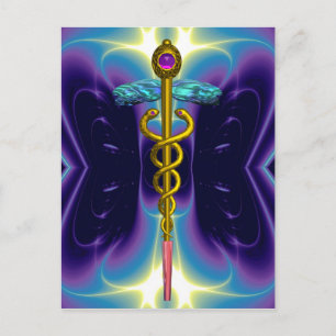 POSTAL SÍMBOLO MÉDICO CADUCEO ORO FRACTALES DE PURPLE AZU