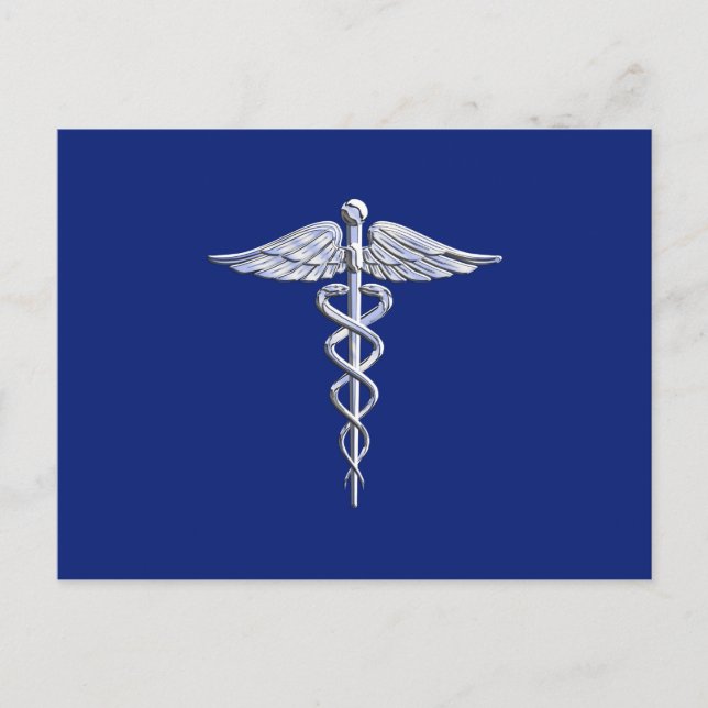 Postal Símbolo médico cromado plateado Caduceus sobre azu (Anverso)