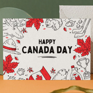 Postal Símbolos festivos de Canadá en rojo y blanco ilust