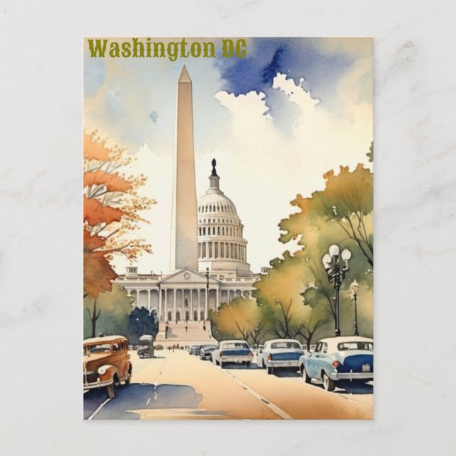 Postal Simple acuarela vintage de Washington DC (Anverso)