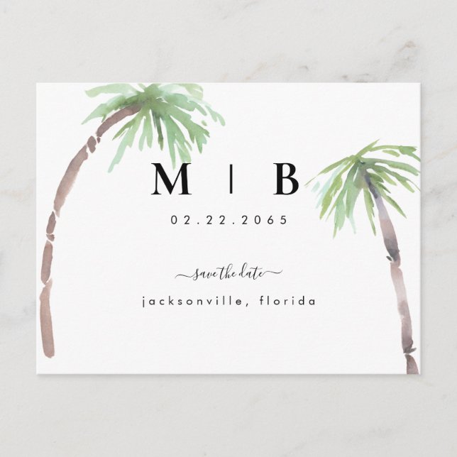 Postal Simple Aviso de Boda Tropical con Iniciales (Anverso)