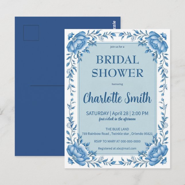 Postal Simple azul Chinoiserie flor de ducha de novia (Anverso / Reverso)