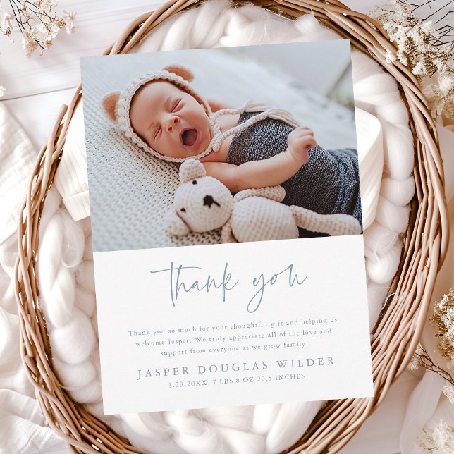 Postal Simple Baby Photo Birth Stats Thank You Card (Minimal script baby photo thank you cards.)