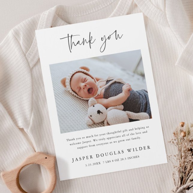 Postal Simple Baby Photo Birth Stats Thank You Card (Simple modern script baby photo thank you card birth stats announmcents.)