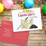 Postal Simple Birday Kids Pirate Treasure Map Whimsical<br><div class="desc">Pirate Treasure Map Invitación a la fiesta de cumpleaños de un niño. Aarg Mateys viene a bordo del barco pirata para divertirse en los piratas. Por lo tanto, un mapa del tesoro personalizado y caprichoso con una espada gorra y pirata es un tema fiesta divertido para los niños. Este diseño...</div>