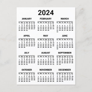 Postal Simple Black & White 2024 Year At Glance Calendar
